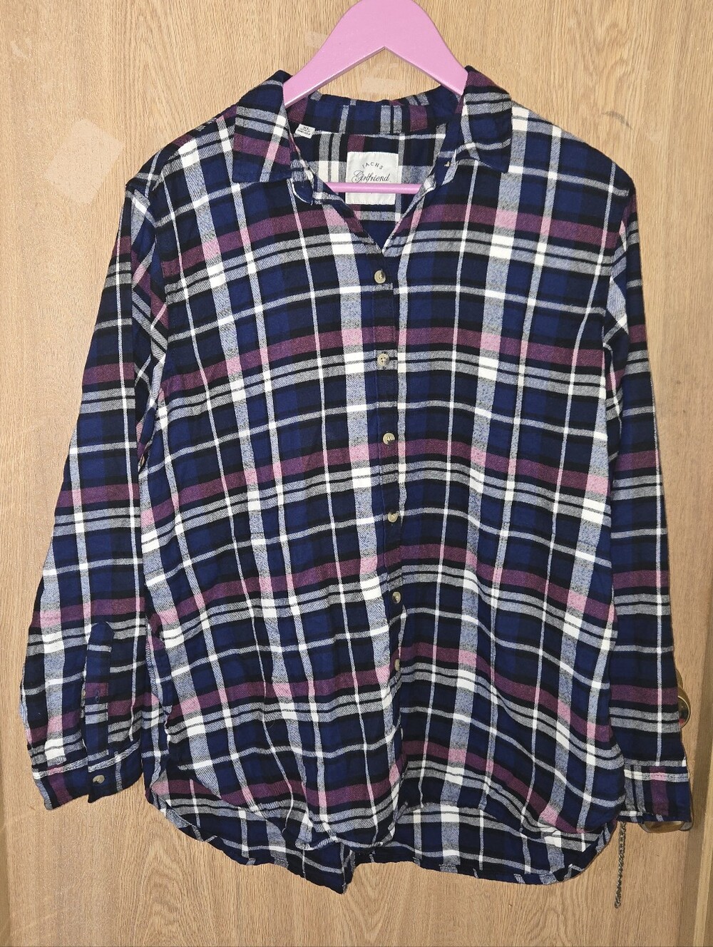 Cozy Plaid Flannel Button Up Casual Fall Cabincore Classic Navy Pink Comfy Shirt